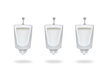 New row of ceramic outdoor urinals in men public toilet. Isolated on white Saved with clipping path