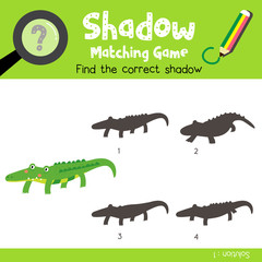 Shadow matching game of alligator animals for preschool kids activity worksheet colorful version. Vector Illustration.