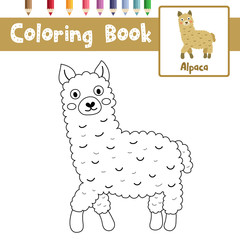 Coloring page of brown alpaca animals for preschool kids activity educational worksheet. Vector Illustration.