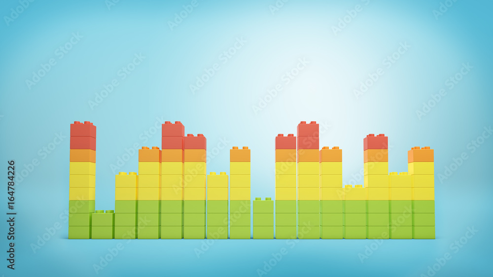 Poster 3d rendering of multi-colored toy bricks making up high uneven towers or graphs on blue background.