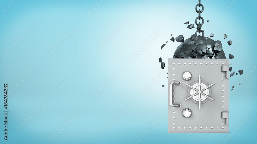 Poster 3d rendering of a large wrecking ball hitting a silver old-fashioned safe box and crashing itself in