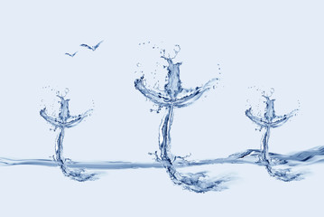 Three crosses made of water with flying birds.