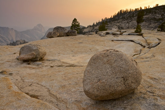 Half Dome, Cloud's Rest and glacier erratics (boulders) at Olmstead Point, Yosemite NP, California