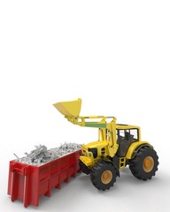 Industrial background with skip and bulldozer 3d rendering