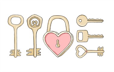 Set of vector keys and a lock in the shape of a heart. Symbols of love. Doodle drawing, illustration