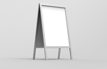 Blank white metallic outdoor advertising stand mockup set, isolated, 3d rendering. Clear street signage board mock up. A-board with metal frame template