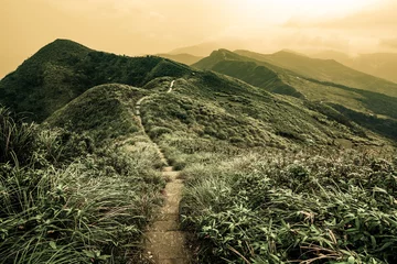 Poster Verhalenboeklandschap van een voetpad door glooiende heuvels op de Caoling Historic Trail in Taiwan © David Carillet