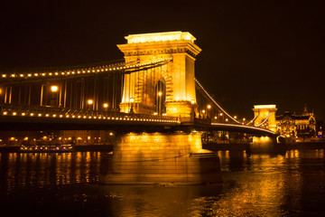 The Chain Bridge At Night, In Budapest, Hungary