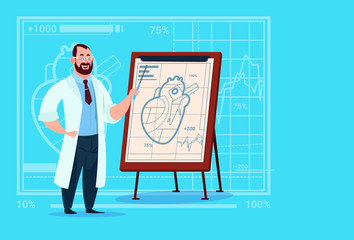 Doctor Cardiologist Over Flip Chart With Heart Medical Clinics Worker Hospital Flat Vector Illustration