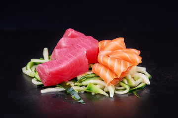 Sushi on black background. Perfect for creating sushi restaurant menu. Part of series.