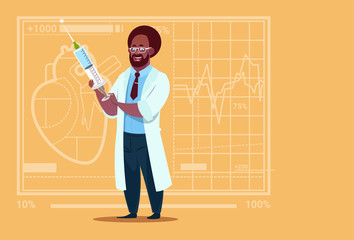 African American Doctor Holding Syringe Medical Clinics Worker Hospital Flat Vector Illustration