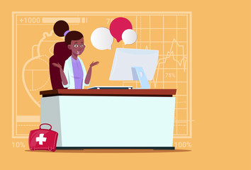 Female African American Doctor Sitting At Computer Online Consultation Medical Clinics Worker Hospital Flat Vector Illustration