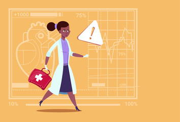 Emergency Female Doctor African American Run With Medicine Box First Aid Medical Clinics Worker Hospital Flat Vector Illustration