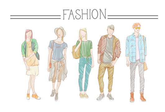 Fashion Collection Of Clothes Set Of Male And Female Models Wearing Trendy Clothing Sketch Vector Illustration