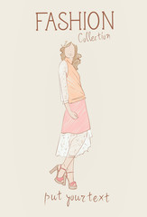 Fashion Collection Of Clothes Female Model Wearing Trendy Clothing Sketch Vector Illustration