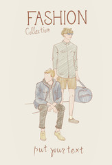Fashion Collection Of Clothes Set Of Male Models Wearing Trendy Clothing Sketch Vector Illustration
