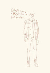 Fototapeta na wymiar Fashion Collection Of Clothes Male Model Wearing Trendy Clothing Sketch Vector Illustration