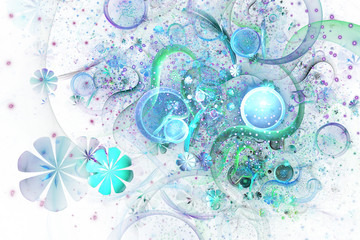 Beautiful green and blue bouquet on white background. Abstract fantastic fractal flowers and gems. Psychedelic digital art. 3D rendering.