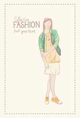 Fashion Collection Of Clothes Female Model Wearing Trendy Clothing Sketch Vector Illustration