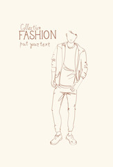 Fashion Collection Of Clothes Male Model Wearing Trendy Clothing Sketch Vector Illustration