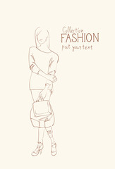 Fashion Collection Of Clothes Female Model Wearing Trendy Clothing Sketch Vector Illustration