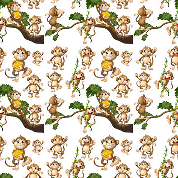 Seamless background design with cute monkeys