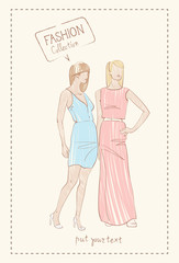 Fashion Collection Of Clothes Set Of Female Models Wearing Trendy Clothing Sketch Vector Illustration