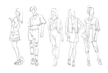 Fototapeta na wymiar Fashion Collection Of Clothes Set Of Male And Female Models Wearing Trendy Clothing Sketch Vector Illustration