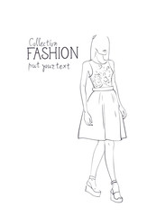 Fashion Collection Of Clothes Female Model Wearing Trendy Clothing Sketch Vector Illustration