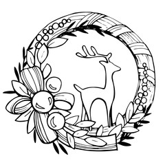 Hand drawn Christmas wreath with deer.