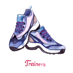 Pair of blue modern trainers, isolated with inscription, hand painted watercolor illustration