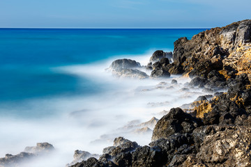 Beautiful greek seascape at sunny day, long  time exposure, Crete