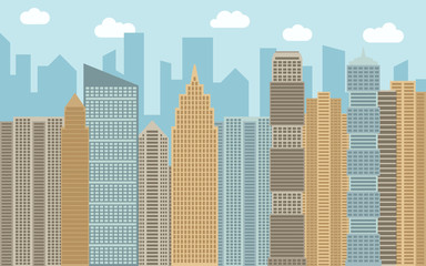 Vector urban landscape illustration. Street view with cityscape, skyscrapers and modern buildings at sunny day. City space in flat style background concept.
