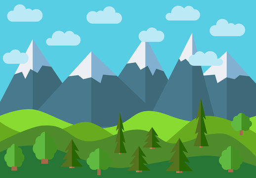Vector panoramic mountain cartoon landscape. Natural landscape in the flat  style with blue sky, clouds, trees, hills and mountains with snow on the  peaks. Stock Vector | Adobe Stock
