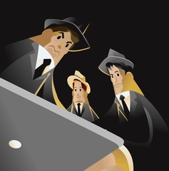 white hat, grey hat and black hat hackers using a computer