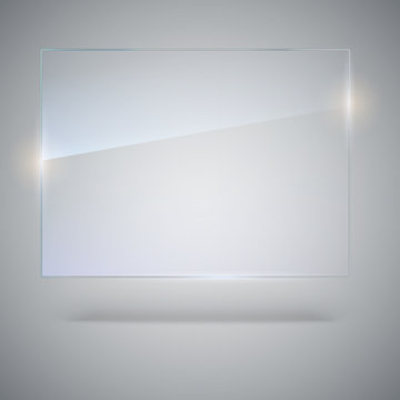 Blank, transparent vector glass plate. Vector template, mock-up banner with copy-space. Photo realistic texture with highlights and glow on the background. See through the plastic, 3D illustration.