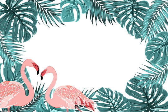 Exotic tropical border frame template with blue green turquoise jungle palm tree leaves and pink flamingo birds couple in the corner. Horizontal landscape layout. Placeholder for text in the middle.