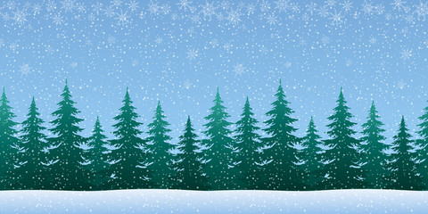 Christmas Holiday Seamless Horizontal Background, Winter Woodland Landscape with Spruce Fir Trees and White Snowflakes. Vector