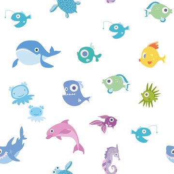 Cartoon sea animals, seamless pattern. Whale, shark, dolphin and other marine fish and animals. Vector background illustration.