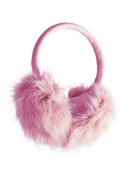 Pink fluffy furry earmuffs isolated on white - obrazy, fototapety, plakaty