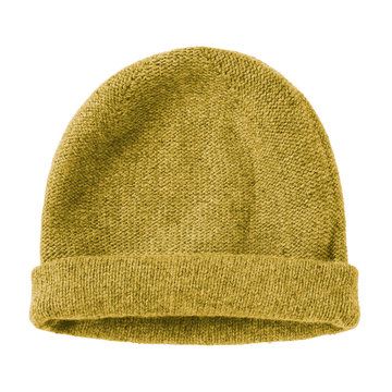 Honey gold yellow beige worm winter woolen hat cap flat isolated on white