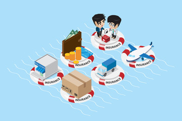 isometric objects with insurance lifebuoy, insurance and business concept
