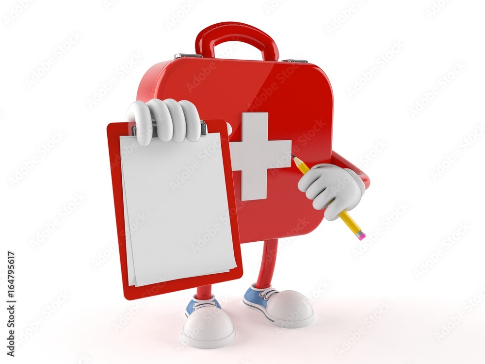 Poster first aid kit character with blank clipboard