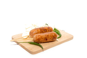 smoked grilled sausage on white background