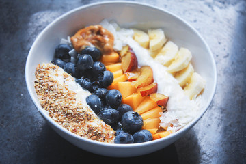 healthy morning breakfast bowl with fresh fruit and granola