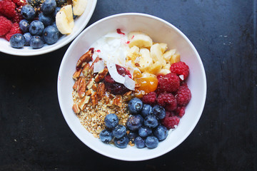 healthy morning breakfast bowl with fresh fruit and granola