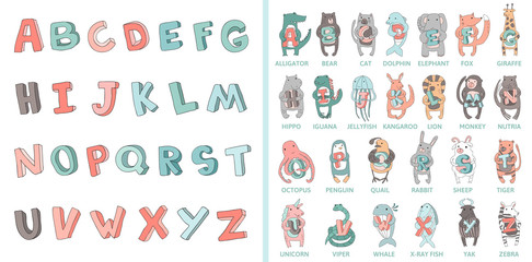 Hand-drawn alphabet, font, letters. Doodle ABC for kids with cute animal characters. Vector illustration, isolated on white background.