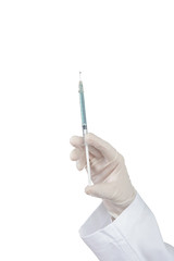 Hand of Doctor holding medical injection syringe