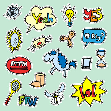 Set of fashion cartoon patch badges. Lips, fox, airplane, suitcase, rainbow, drawn words Hello, LMAO, really, IMHO etc. Isolated elements for stickers, embroidery, decorations. Vector illustration. 