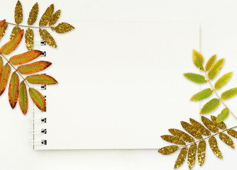 Notepad with white empty pages and autumn leaves